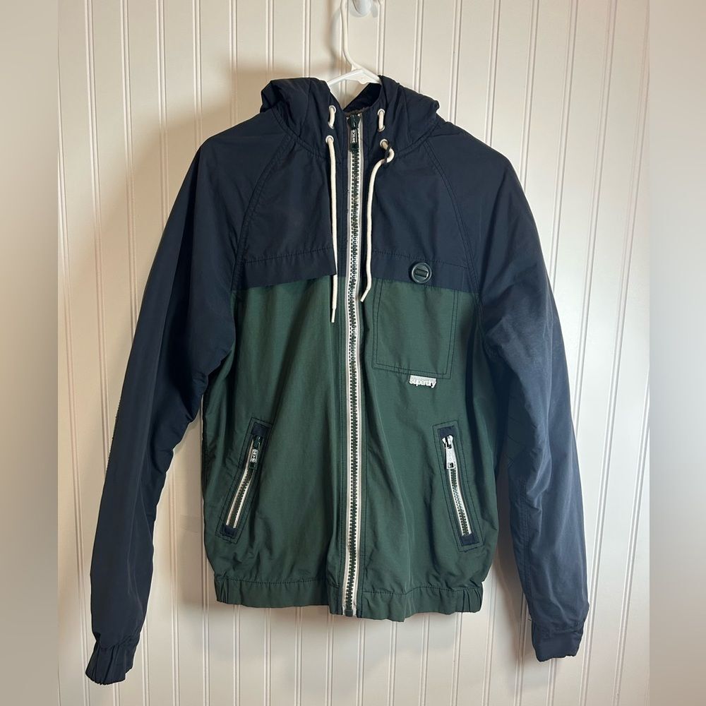 Super Dry Men green blue full Zip Hoodie DOG Jacket Size S Long sleveele.